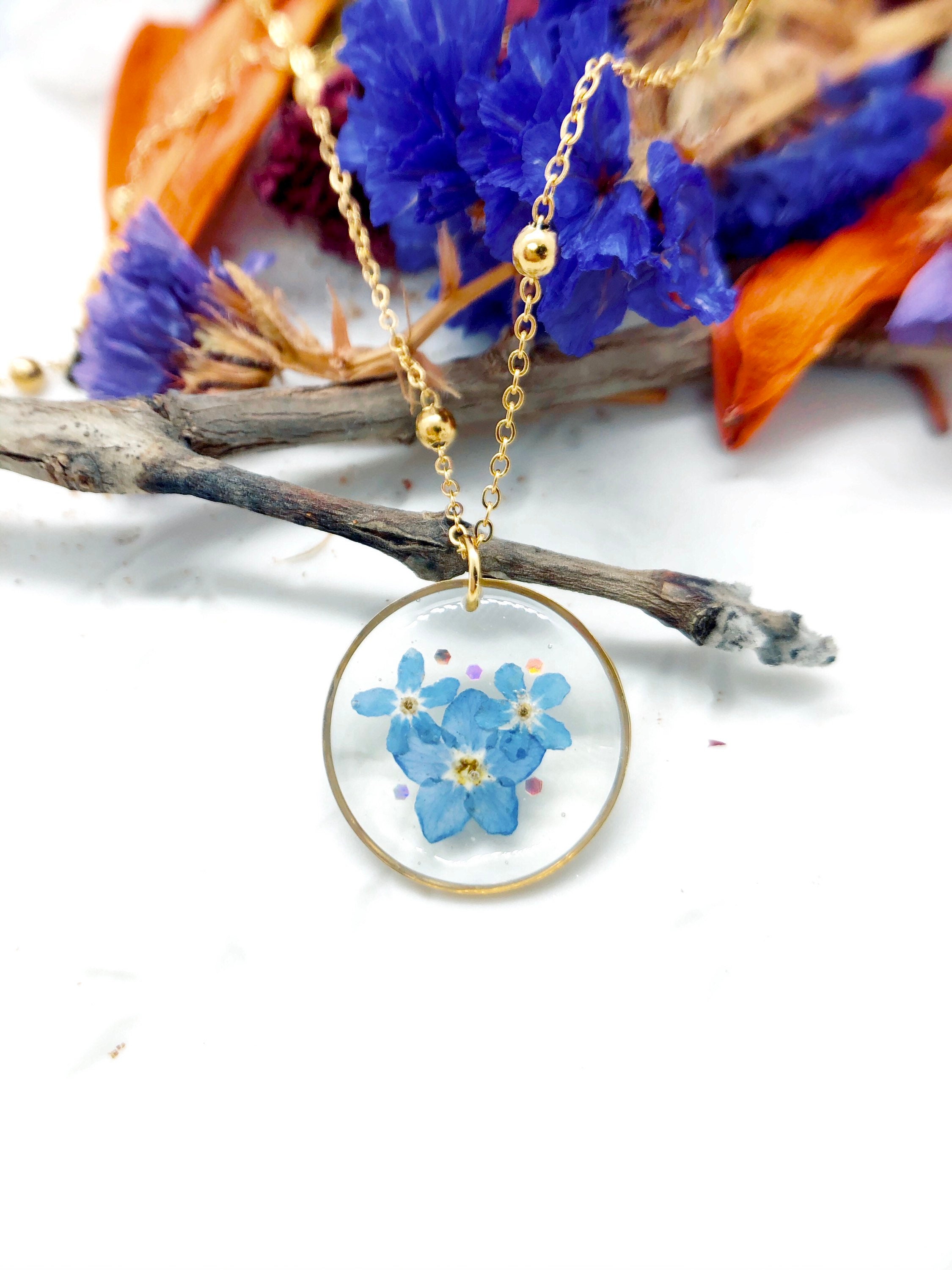 Women's Gold Brass Pendant Hoop Earrings with Real Resin Flower Pendant. Pressed Dried Flower Resin Jewelry. Unique Gift for Her