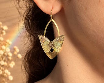 Light Green Geometric Butterfly Earrings, Gold Dangle Earrings in Stainless Steel and Brass with Ear Hooks