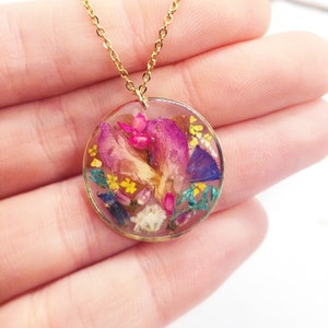 Women's gold brass pendant necklace, real dried flowers pendant pressed in resin. Real resin flower jewelry. Crystal charm necklace