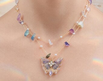 Iridescent Ivory and Gold Resin Butterfly Necklace - Shimmering Butterfly Pendant with Rhinestones & Steel Chain - Ethereal Gift for Her