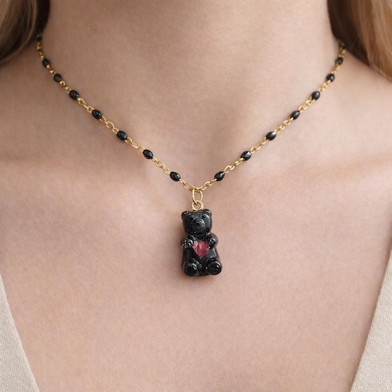 Pendant Necklace Black Costume Jewelry Black Resin Teddy Bear