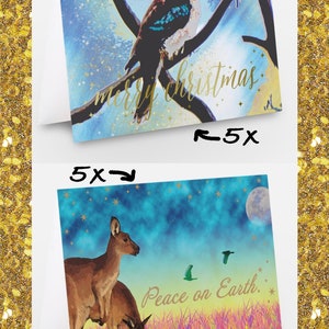Paquet varié de 10 cartes de Noël avec enveloppes - Australiana - Kookaburras + Kangourous - dessins d’art originaux - impression brillante de haute qualité