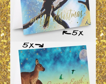Variety Pack of 10 Christmas cards with envelopes - Australiana - Kookaburras + Kangaroos - original art designs - high quality glossy print
