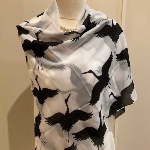 Designer Chiffon Square Scarf Shawl Wrap, Wearable Art - Japanese Crane Black White - Pareo Sarong Beach Coverup, Environmental eco friendly