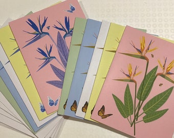 Paquet cadeau de 10 cartes-cadeaux faites à la main avec enveloppes - Tirages d’art originaux - Birds of Paradise Strelitzias Floral - Couleurs pastel, papiers Eco