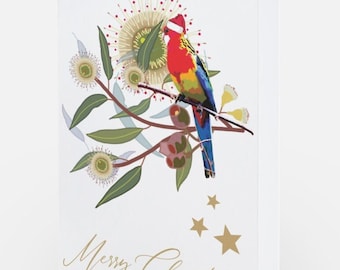 Pack of 10 Christmas cards with envelopes - Australiana - Rosellas Birds Eucalyptus Xmas Hat - original design - high quality glossy print