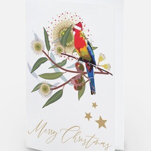 Zestaw 10 kartek świątecznych z kopertami - Australiana - Rosellas Birds Eucalyptus Xmas Hat - oryginalny design - wysokiej jakości błyszczący nadruk
