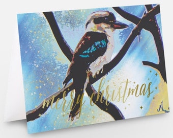 Pack of 10 Christmas cards with envelopes - Australiana - Kookaburras Birds - original art design, blue and gold - high quality glossy print