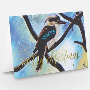 Confezione da 10 cartoline di Natale con buste - Australiana - Kookaburras Birds - design artistico originale, blu e oro - stampa lucida di alta qualità