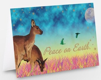 Pack of 10 Christmas cards with envelopes - Australiana - Kangaroos Birds - moon night sky - original art design - high quality glossy print