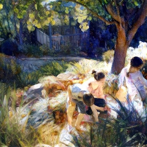 Mounted Canvas Wall Art Print - &quot;Gathering Autumn Leaves&quot; - Australiana Pastel Impressionism - family garden sunshine nature - ready to hang
