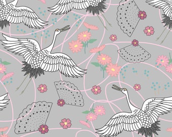 Designer Chiffon Square Scarf Shawl Wrap - Wearable Art - Japanese Cranes Dove Gray - Pareo Sarong Beach Coverup, Environmental eco friendly