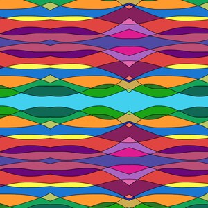 Puede incluir: Patrón geométrico abstracto con un diseño repetitivo de líneas onduladas de colores y formas de diamante. Los colores incluyen naranja, amarillo, verde, azul, morado, rosa y rojo.