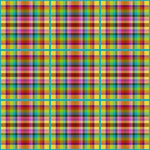 Puede incluir: Un patrón de cuadros coloridos con rayas alternas de rojo, amarillo, verde, azul y rosa. El patrón se repite en una cuadrícula de nueve cuadrados.