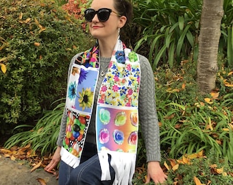Assorted Designer Fleece Scarves, each unique - Original Wearable Art - Flowers, rainbows, animals, birds - Environmentally friendly inks