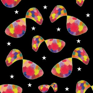 May include: A black background with a repeating pattern of colourful, abstract shapes resembling infinity symbols and white stars.
