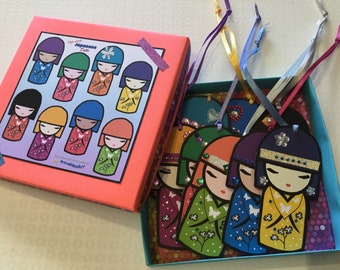 Set of 8 Handmade Hanging Ornaments in a Box - Japanese Kokeshi Dolls Bright Pop - Original Artwork - Eco Cardboard with hand embellishments