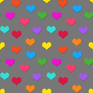 May include: A seamless pattern of colorful hearts on a gray background. The hearts are in a variety of colors, including red, orange, yellow, green, blue, indigo, and violet.