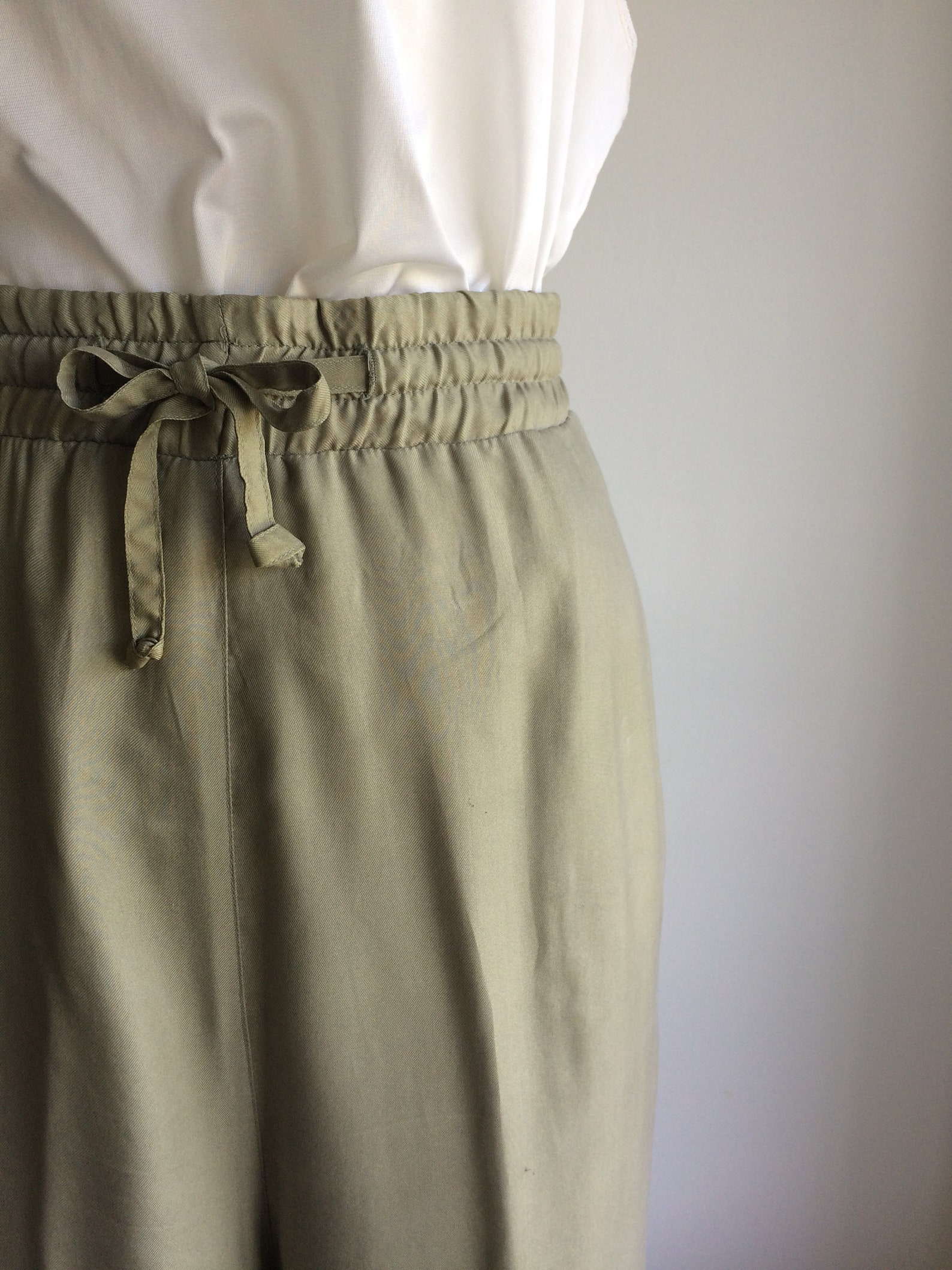 Sage green silk pants / drawstring waist loose olive khaki | Etsy