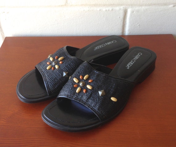 Schwarze Sandalen Bast Perlen Folien 9 Gewebt RLqj35A4