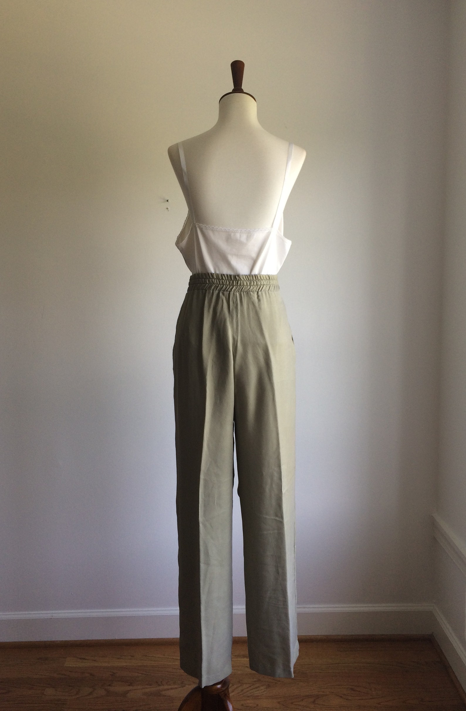 Sage green silk pants / drawstring waist loose olive khaki Etsy