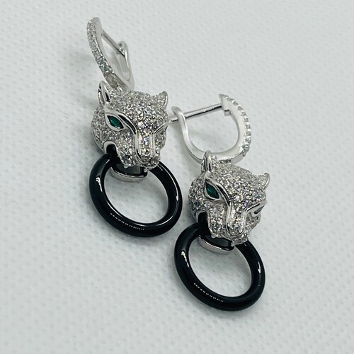 925 Sterling silver earrings with black ceramic hoop shops and zirconia, Tiger head with hoop, English lock earrings (Latch Back)