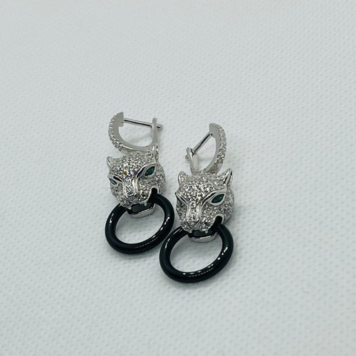 925 Sterling silver earrings with black ceramic hoop shops and zirconia, Tiger head with hoop, English lock earrings (Latch Back)