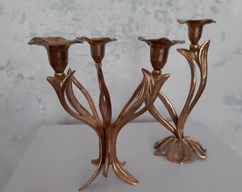 Vintage Solid Brass 3 arm candelabra with a matching Candle Holder / Set Tulip Flower Shaped Candle Holders