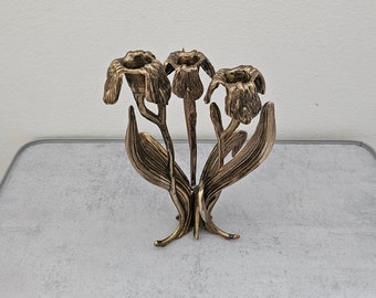 Vintage solid brass 3 arm candle holder / Tulips