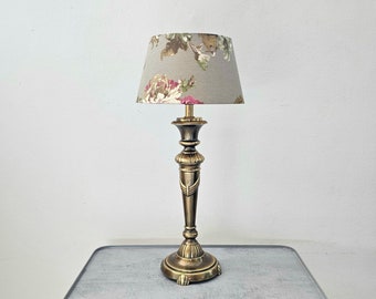 Vintage 80s Brass Table Lamp with Floral Print Lampshade - Classic Yellow Copper Home Decor