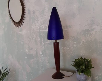 Vintage Table Lamp with Glass Shade / Blue / Cherry Wood / 1980s / Modern