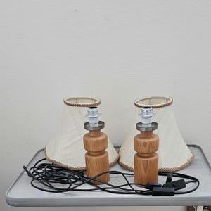 Pu&ograve; includere: Due lampade da tavolo in legno con paralumi in tessuto bianco. Le lampade hanno una finitura in legno naturale e sono collegate da un cavo nero.