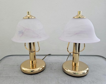 Pair of Vintage Murano Glass Table Lamps / Pink  White Marbled Glass