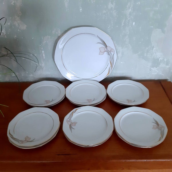 Plate Set of 12  Ceramic Plates with a Cake Platter / German Lusterware / Romantic Lily  / Bavaria Porcelain / Winterling Marktleuthen