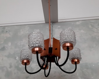 70s Vintage Chandelier light / Copper / Black Metal / Glass / Mid Century / Six Arm Chandelier / Germany