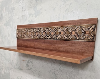 Vintage Teak Shelf with Tiles / Mid Century Wall Rack