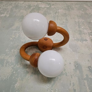 Danish Modern Wooden Wall Light with 2 Milk Glass Globes /  Sconce Light or Ceiling Lamp