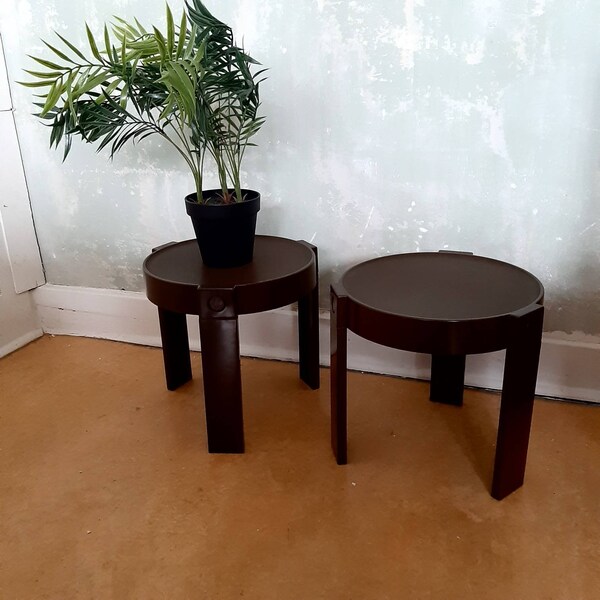 Vintage Nightstands Set of 2 / Dark Brown Space Age Plastic Table / Coffee Tables Pair