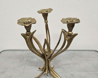 Mid century Brutalist Brass 4-armed Candle Holder  / Vintage Flower Decor