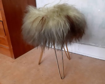 German Vintage Stool with 3 Hairpin Legs from Brass with a Fur Seat  / 1970s Green Plush Hocker