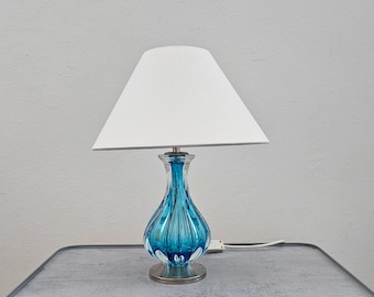 Vintage Table Lamp Blue Murano Glass  Lampbase with beige Shade /   Italian Vintage Murano Glass Table Light