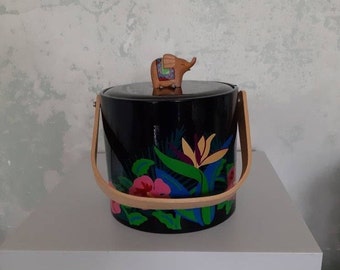Ice Bucket / Georges Briard / 70s Design Black / Memphis Style / Plastic /Flower Decor / Wood / Elephant / Christmas gift