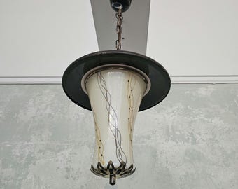 Vintage Pendant Light / Hallway Metal Brass Glass Ceiling Lamp /  1950s design lighting