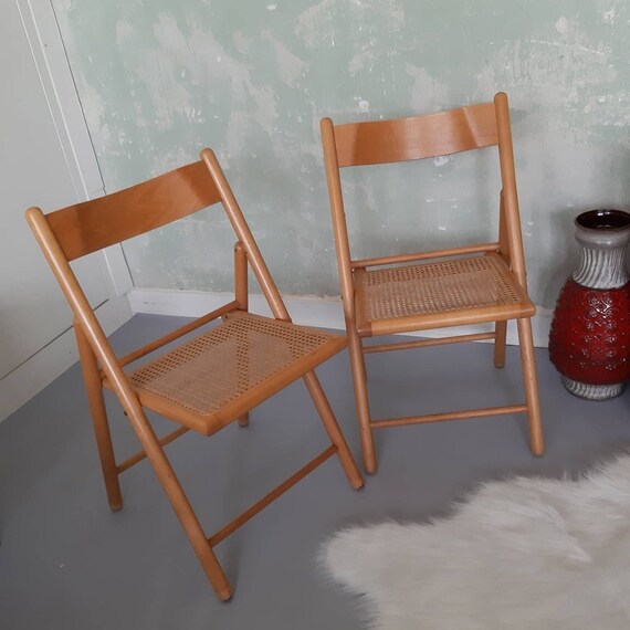 Theo Mid-Century Vintage Wood Rattan Folding Chair with