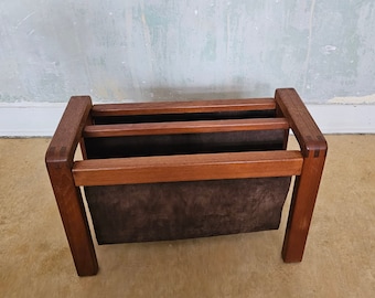 Danish Modern Magazine Rack  from Teak and Dark Brown Leather /  Floor Newspaper Holder / Vintage Decor Home