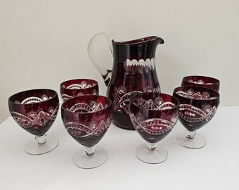 Juego de decantador vintage de cristal tallado rojo rubí: jarra de vidrio estilo bohemio