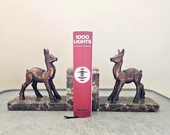 Art Deco Deer Bookends: Marble Base Vintage Book Shelf Decor