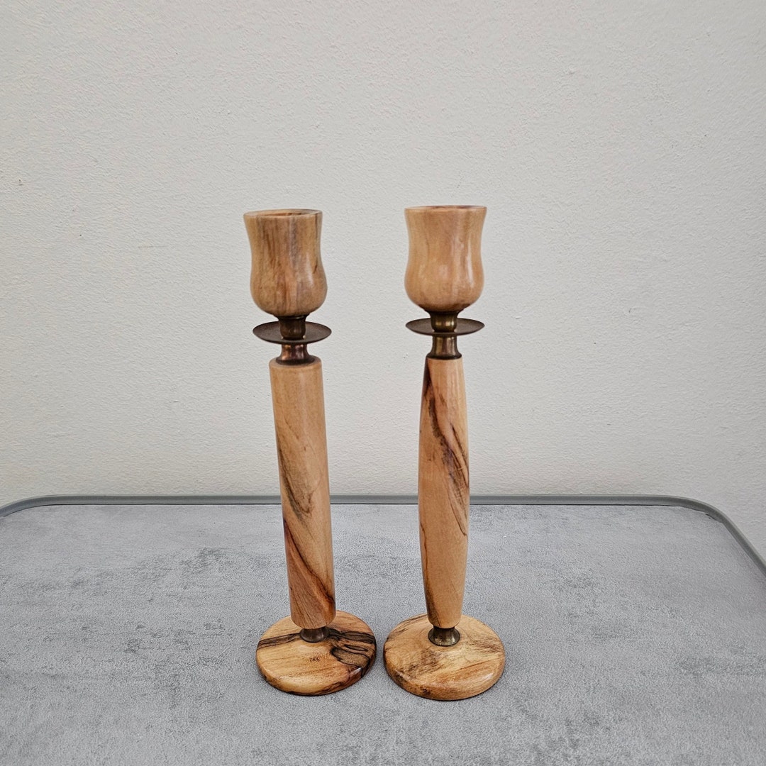 Vintage Candlestick Set of 2 / Olive Wood Candle Holder - Etsy
