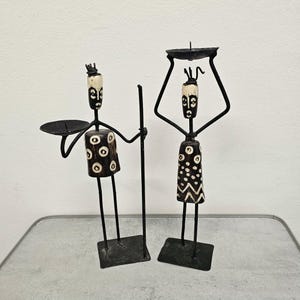 ヴィンテージ キャンドルホルダー / ブラックメタルホーンフィギュア 2 個セット / フォークアート アフリカン デコレーション