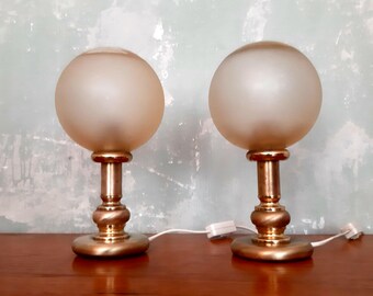 Pair of Vintage Table Lamps | Frosted Glass & Brass Base | 1970s Bedside Lights